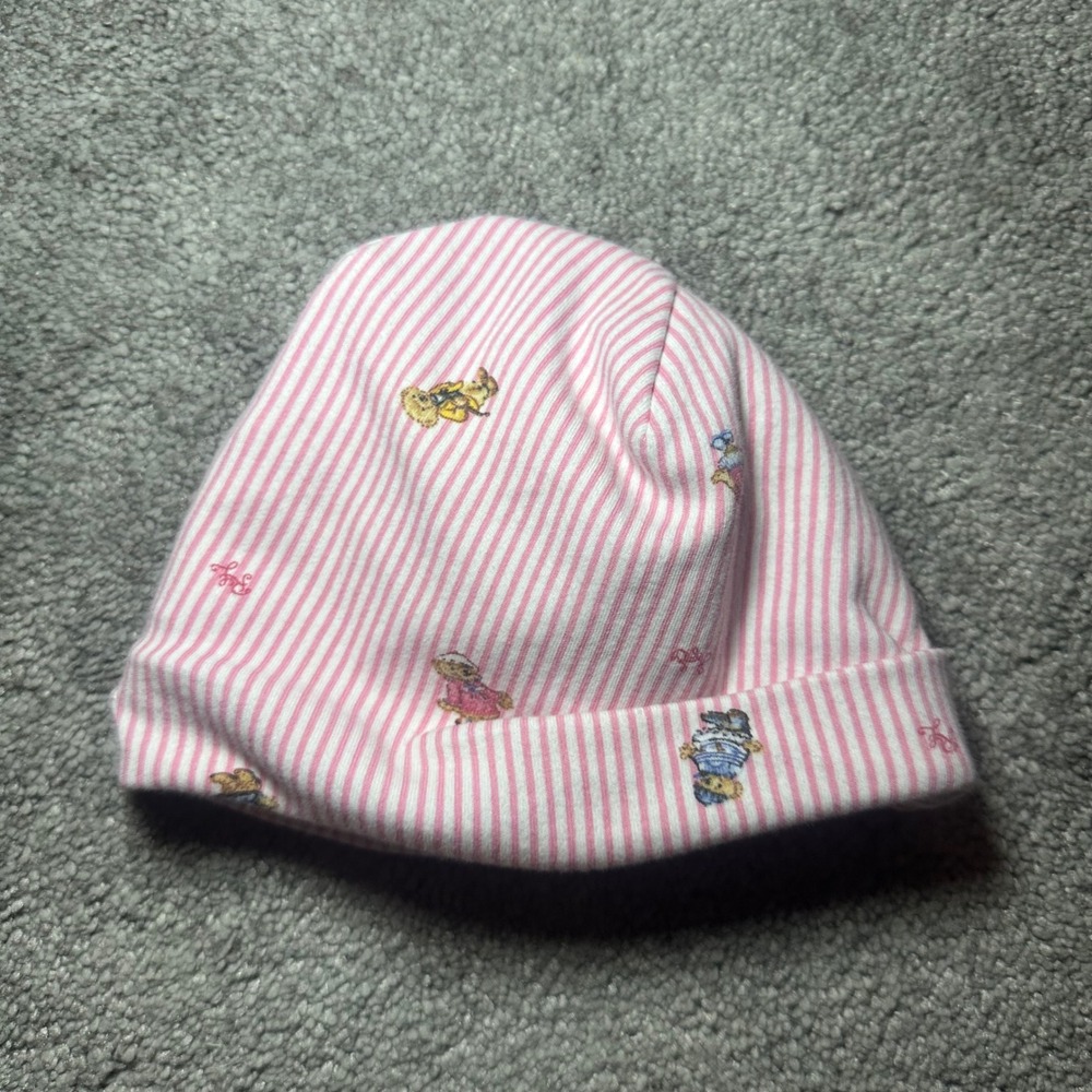 Ralph Lauren Polo Bear Beanie Girls 3-9M Pink Stripe Cotton Hat - Picture 7 of 9